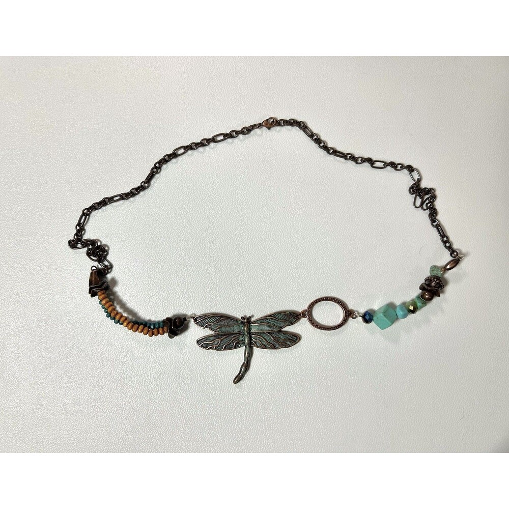 Copper Tone Dragonfly Pendant Necklace, Turquoise Color Beads